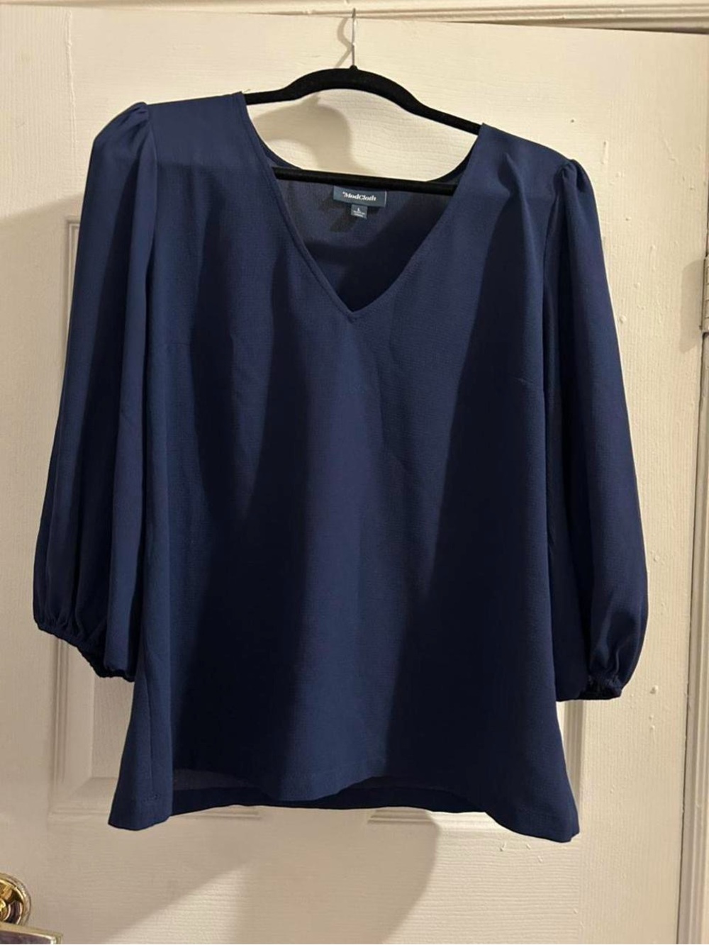 ModCloth Navy V-Neck Balloon Sleeve Blouse